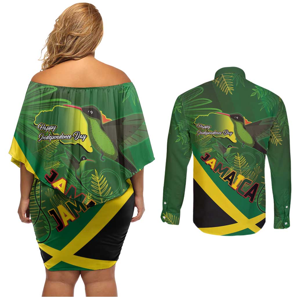 Jamaica Independence Day Couples Matching Off Shoulder Short Dress and Long Sleeve Button Shirt Swallow-tail Hummingbird Tropical Plants and National Flag - Wonder Print Shop