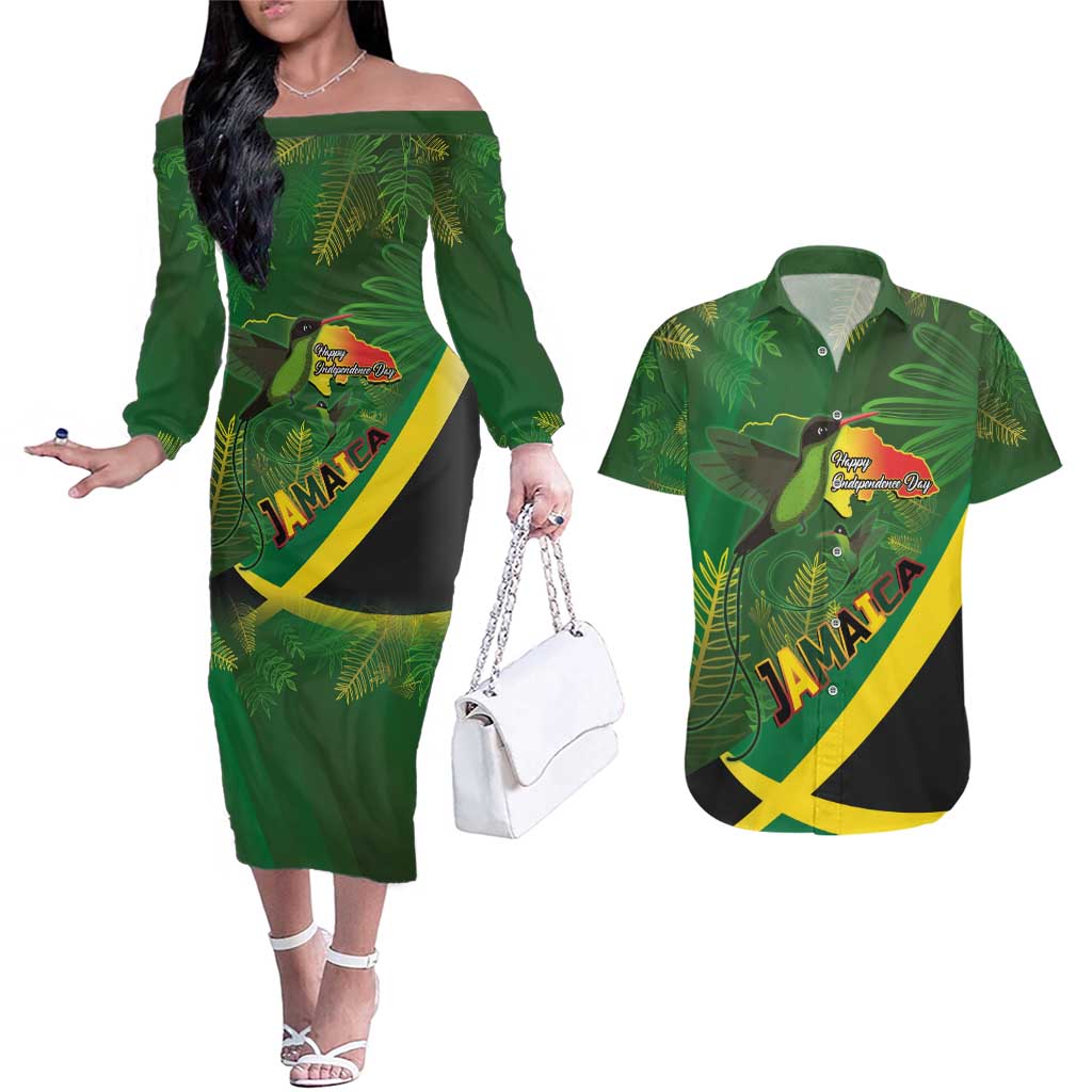 Jamaica Independence Day Couples Matching Off The Shoulder Long Sleeve Dress and Hawaiian Shirt Swallow-tail Hummingbird Tropical Plants and National Flag - Wonder Print Shop
