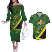 Jamaica Independence Day Couples Matching Off The Shoulder Long Sleeve Dress and Hawaiian Shirt Swallow-tail Hummingbird Tropical Plants and National Flag - Wonder Print Shop