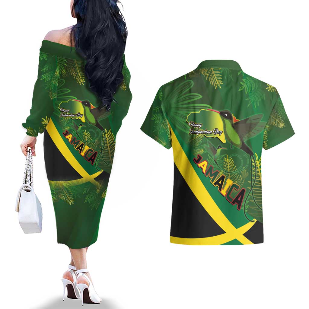 Jamaica Independence Day Couples Matching Off The Shoulder Long Sleeve Dress and Hawaiian Shirt Swallow-tail Hummingbird Tropical Plants and National Flag - Wonder Print Shop