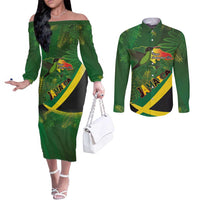 Jamaica Independence Day Couples Matching Off The Shoulder Long Sleeve Dress and Long Sleeve Button Shirt Swallow-tail Hummingbird Tropical Plants and National Flag - Wonder Print Shop