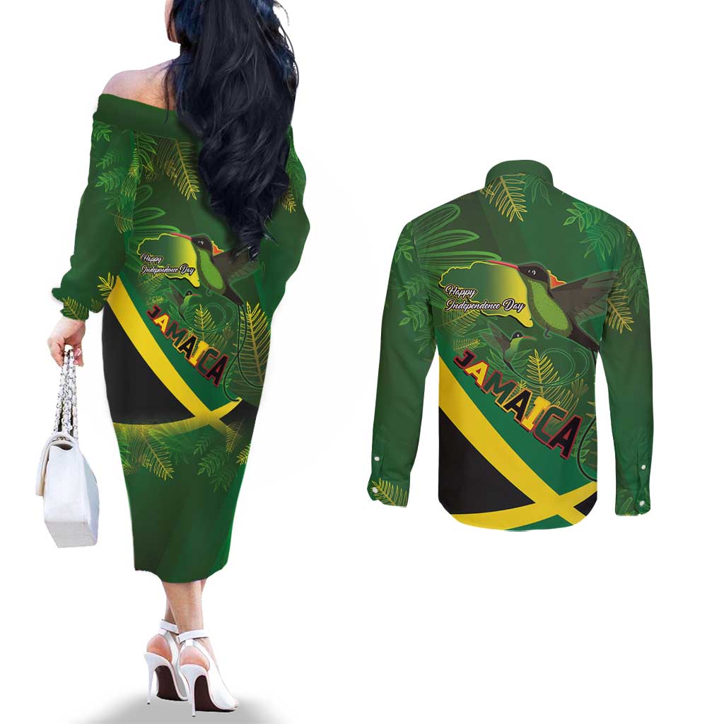 Jamaica Independence Day Couples Matching Off The Shoulder Long Sleeve Dress and Long Sleeve Button Shirt Swallow-tail Hummingbird Tropical Plants and National Flag - Wonder Print Shop