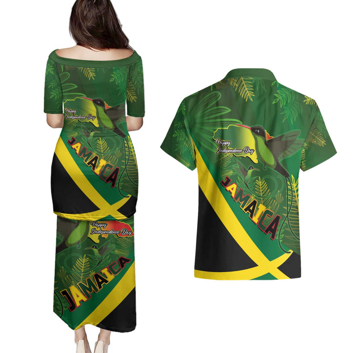 Jamaica Independence Day Couples Matching Puletasi and Hawaiian Shirt Swallow-tail Hummingbird Tropical Plants and National Flag - Wonder Print Shop