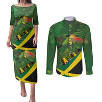 Jamaica Independence Day Couples Matching Puletasi and Long Sleeve Button Shirt Swallow-tail Hummingbird Tropical Plants and National Flag - Wonder Print Shop
