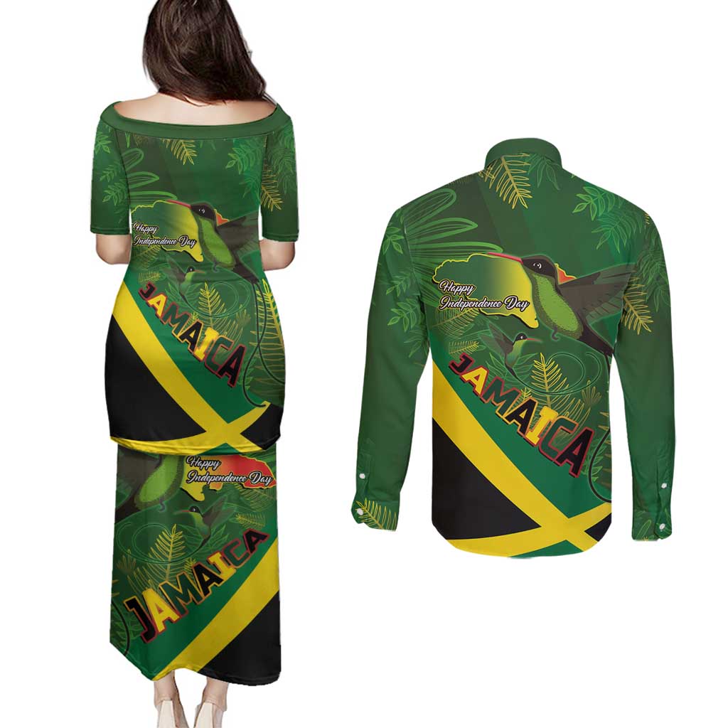 Jamaica Independence Day Couples Matching Puletasi and Long Sleeve Button Shirt Swallow-tail Hummingbird Tropical Plants and National Flag - Wonder Print Shop