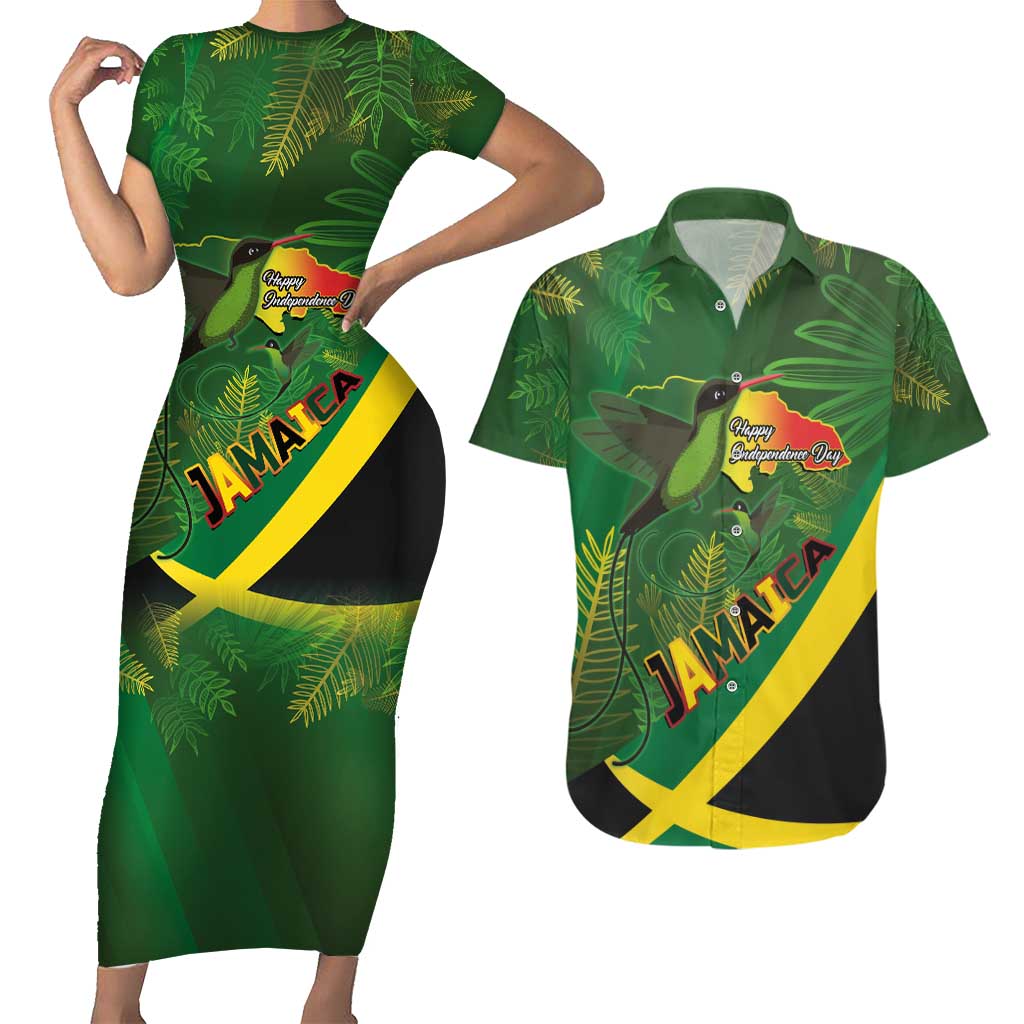 Jamaica Independence Day Couples Matching Short Sleeve Bodycon Dress and Hawaiian Shirt Swallow-tail Hummingbird Tropical Plants and National Flag - Wonder Print Shop