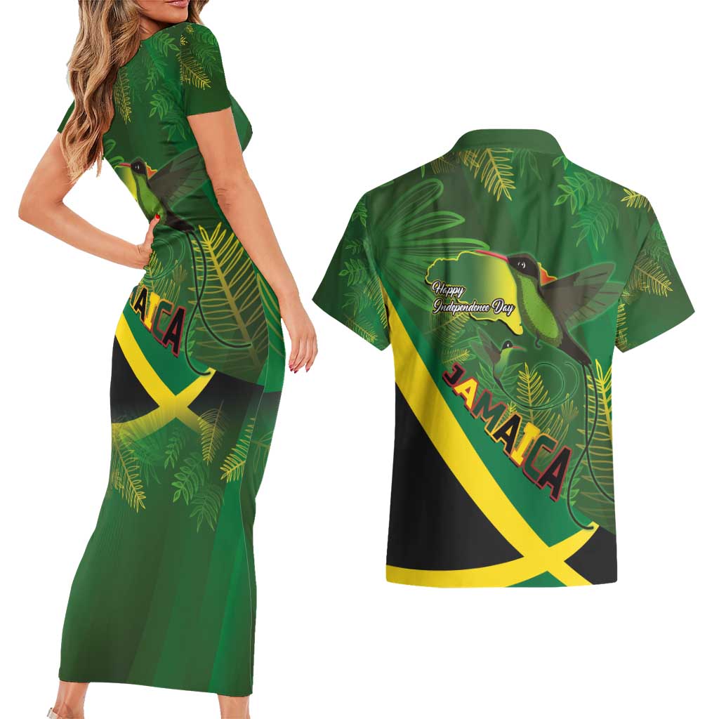 Jamaica Independence Day Couples Matching Short Sleeve Bodycon Dress and Hawaiian Shirt Swallow-tail Hummingbird Tropical Plants and National Flag - Wonder Print Shop