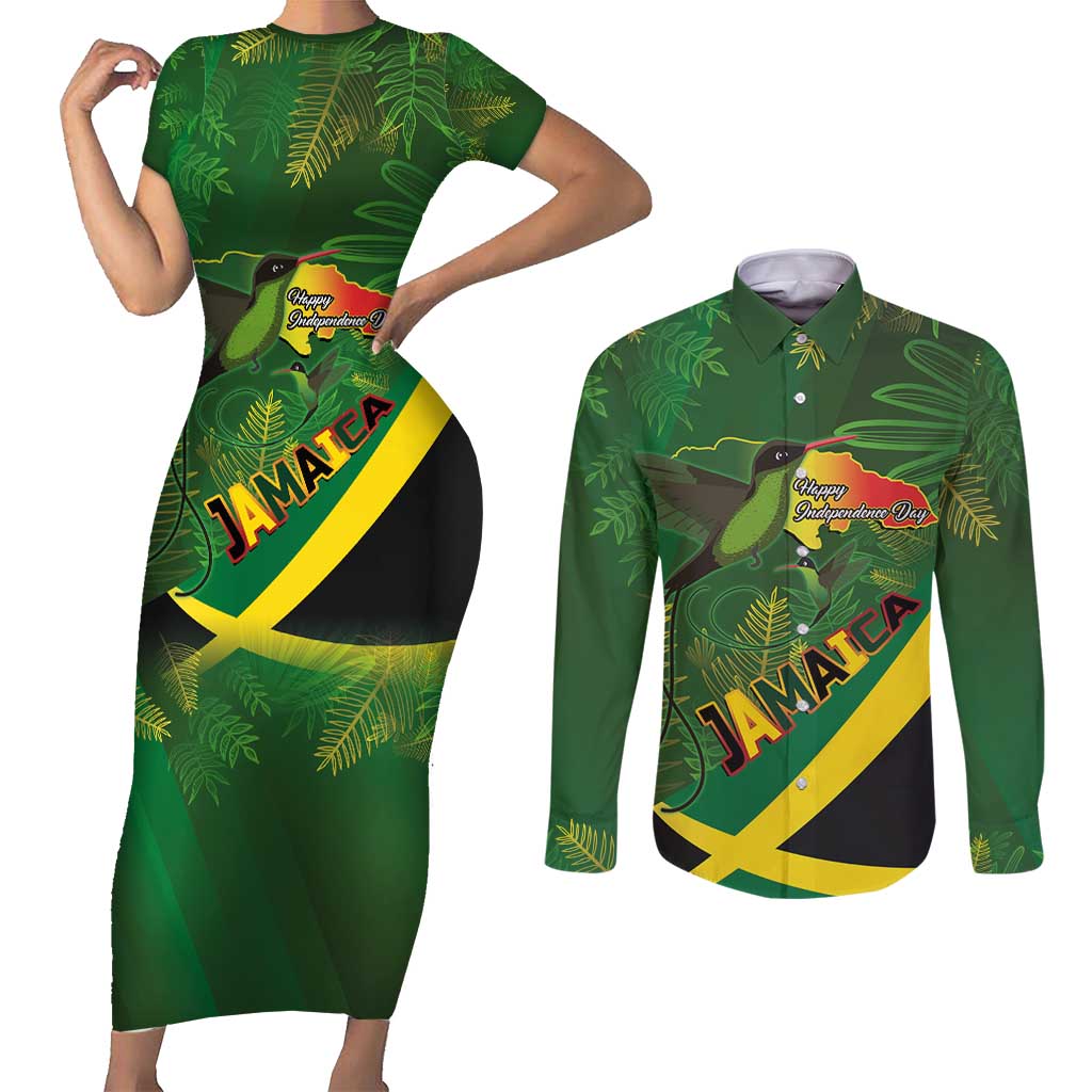Jamaica Independence Day Couples Matching Short Sleeve Bodycon Dress and Long Sleeve Button Shirt Swallow-tail Hummingbird Tropical Plants and National Flag - Wonder Print Shop