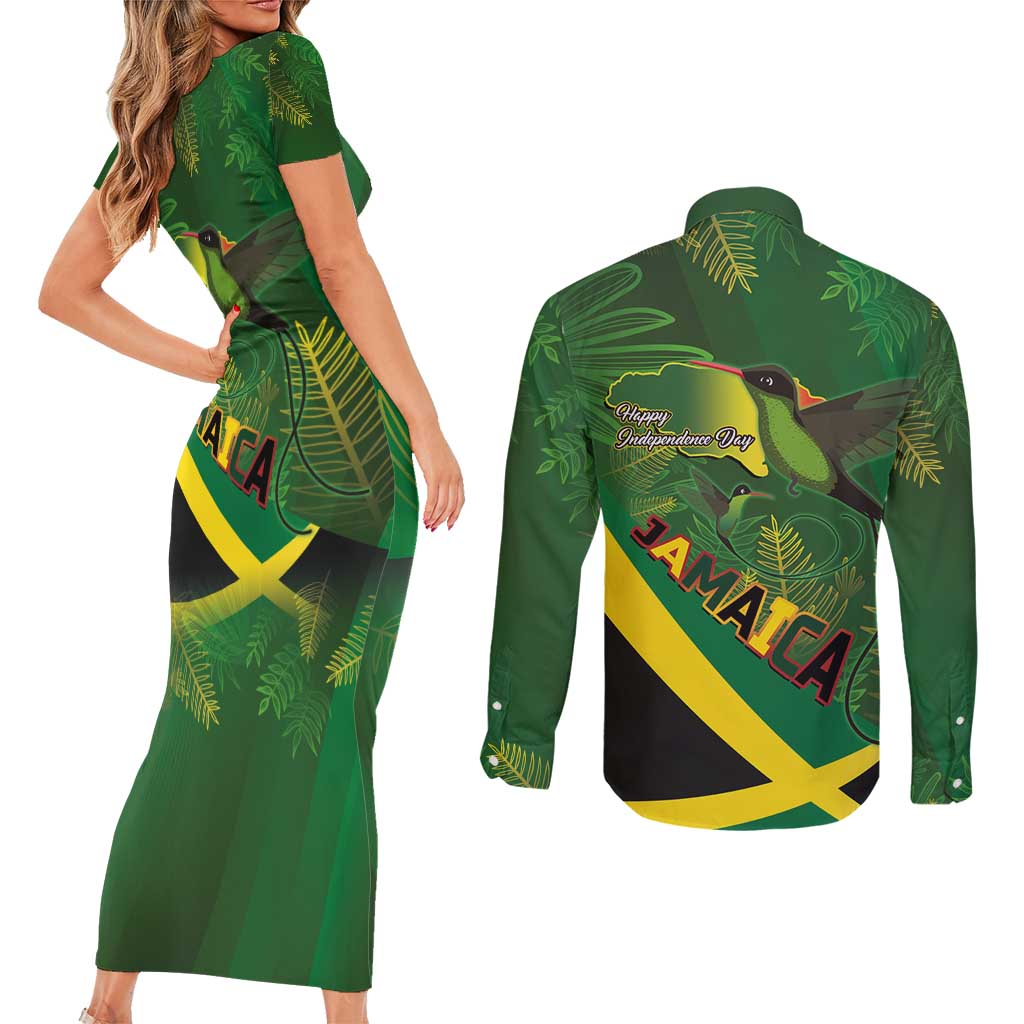 Jamaica Independence Day Couples Matching Short Sleeve Bodycon Dress and Long Sleeve Button Shirt Swallow-tail Hummingbird Tropical Plants and National Flag - Wonder Print Shop