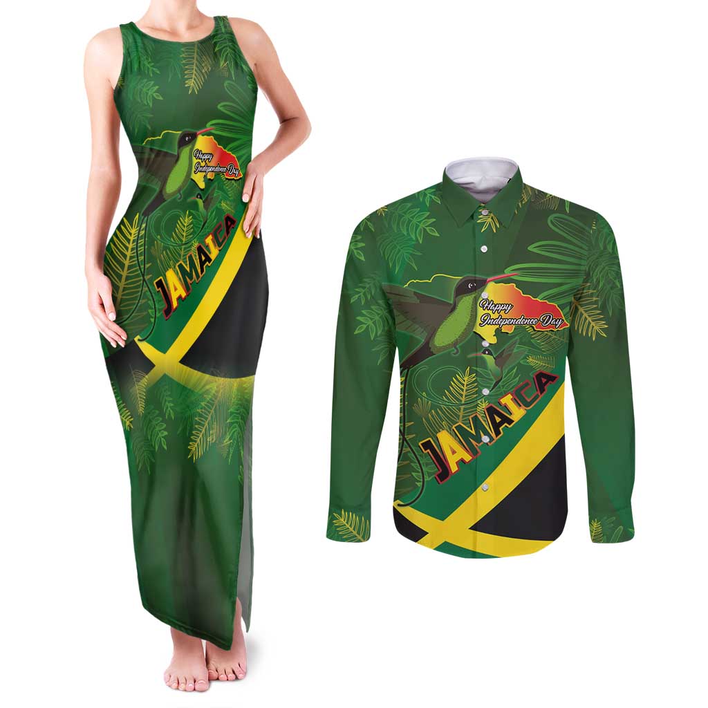 Jamaica Independence Day Couples Matching Tank Maxi Dress and Long Sleeve Button Shirt Swallow-tail Hummingbird Tropical Plants and National Flag - Wonder Print Shop