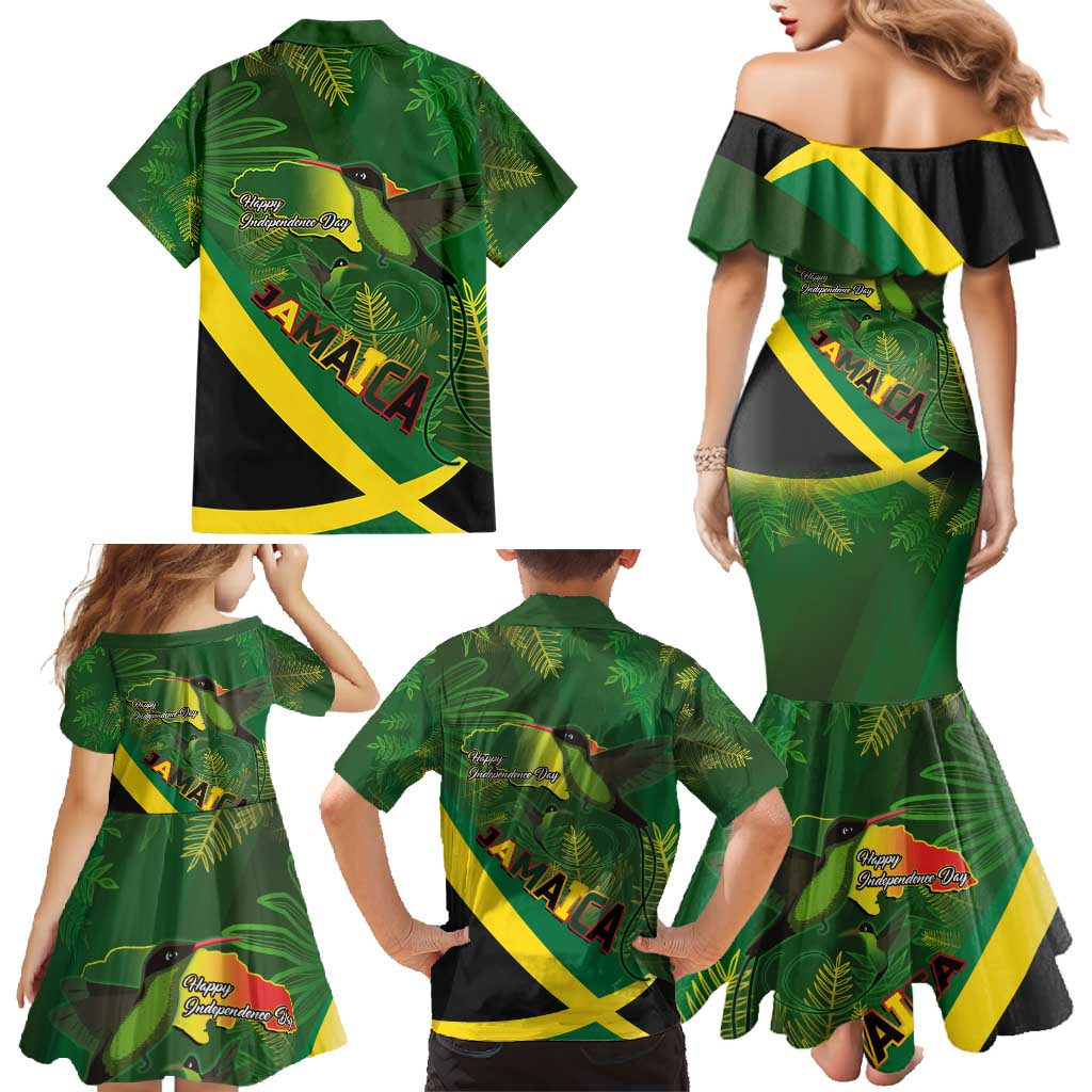 Jamaica Independence Day Family Matching Mermaid Dress and Hawaiian Shirt Swallow-tail Hummingbird Tropical Plants and National Flag - Wonder Print Shop