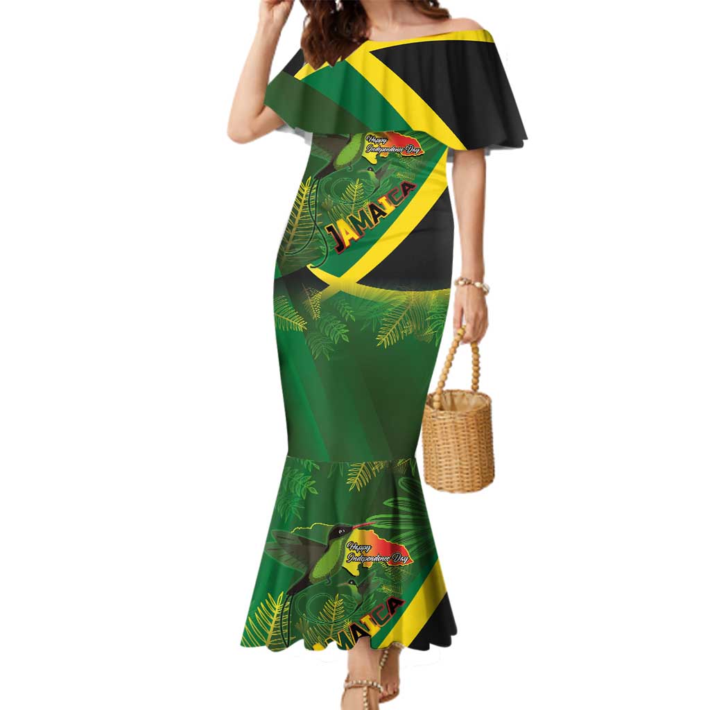 Jamaica Independence Day Family Matching Mermaid Dress and Hawaiian Shirt Swallow-tail Hummingbird Tropical Plants and National Flag - Wonder Print Shop