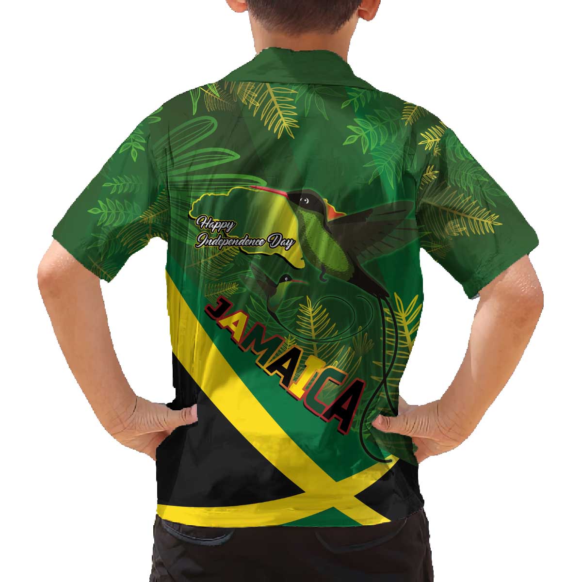 Jamaica Independence Day Family Matching Off The Shoulder Long Sleeve Dress and Hawaiian Shirt Swallow-tail Hummingbird Tropical Plants and National Flag - Wonder Print Shop