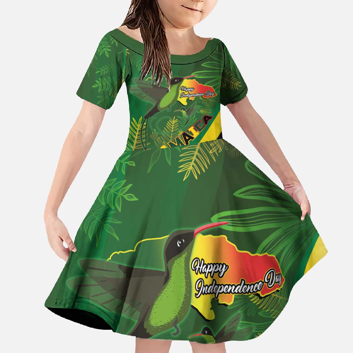Jamaica Independence Day Family Matching Off The Shoulder Long Sleeve Dress and Hawaiian Shirt Swallow-tail Hummingbird Tropical Plants and National Flag - Wonder Print Shop
