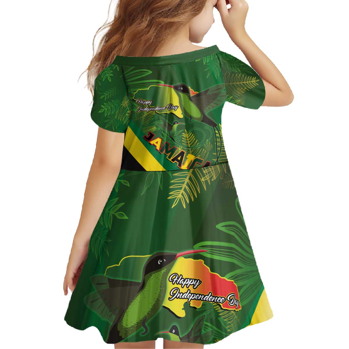 Jamaica Independence Day Family Matching Off The Shoulder Long Sleeve Dress and Hawaiian Shirt Swallow-tail Hummingbird Tropical Plants and National Flag - Wonder Print Shop