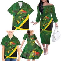 Jamaica Independence Day Family Matching Off The Shoulder Long Sleeve Dress and Hawaiian Shirt Swallow-tail Hummingbird Tropical Plants and National Flag - Wonder Print Shop