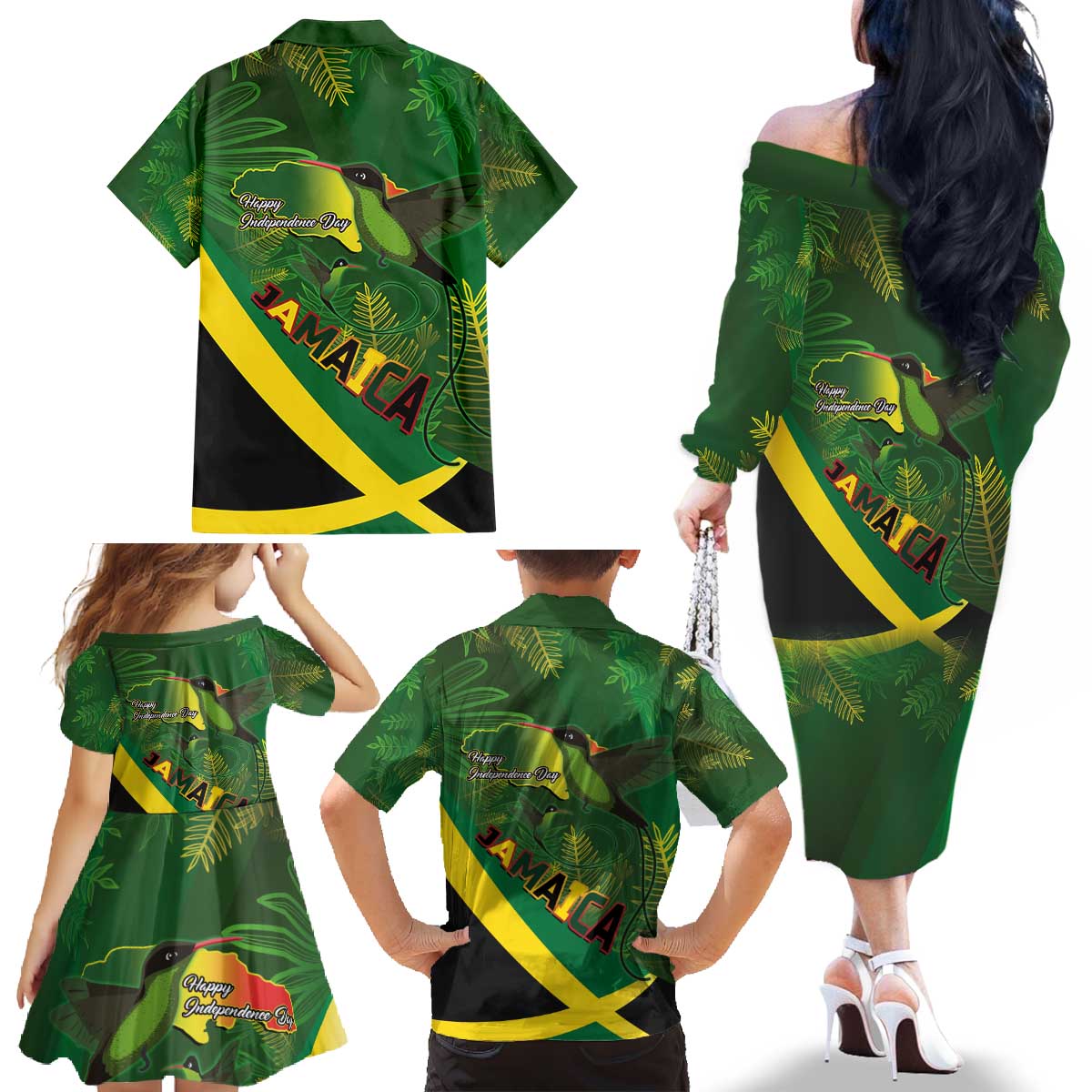 Jamaica Independence Day Family Matching Off The Shoulder Long Sleeve Dress and Hawaiian Shirt Swallow-tail Hummingbird Tropical Plants and National Flag - Wonder Print Shop