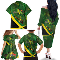 Jamaica Independence Day Family Matching Off The Shoulder Long Sleeve Dress and Hawaiian Shirt Swallow-tail Hummingbird Tropical Plants and National Flag - Wonder Print Shop