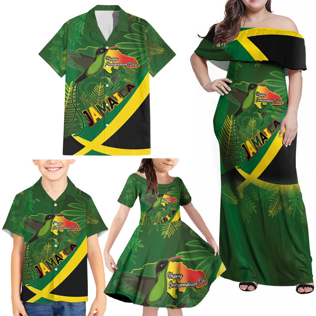 Jamaica Independence Day Family Matching Off Shoulder Maxi Dress and Hawaiian Shirt Swallow-tail Hummingbird Tropical Plants and National Flag - Wonder Print Shop