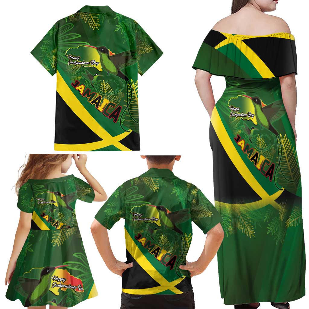 Jamaica Independence Day Family Matching Off Shoulder Maxi Dress and Hawaiian Shirt Swallow-tail Hummingbird Tropical Plants and National Flag - Wonder Print Shop