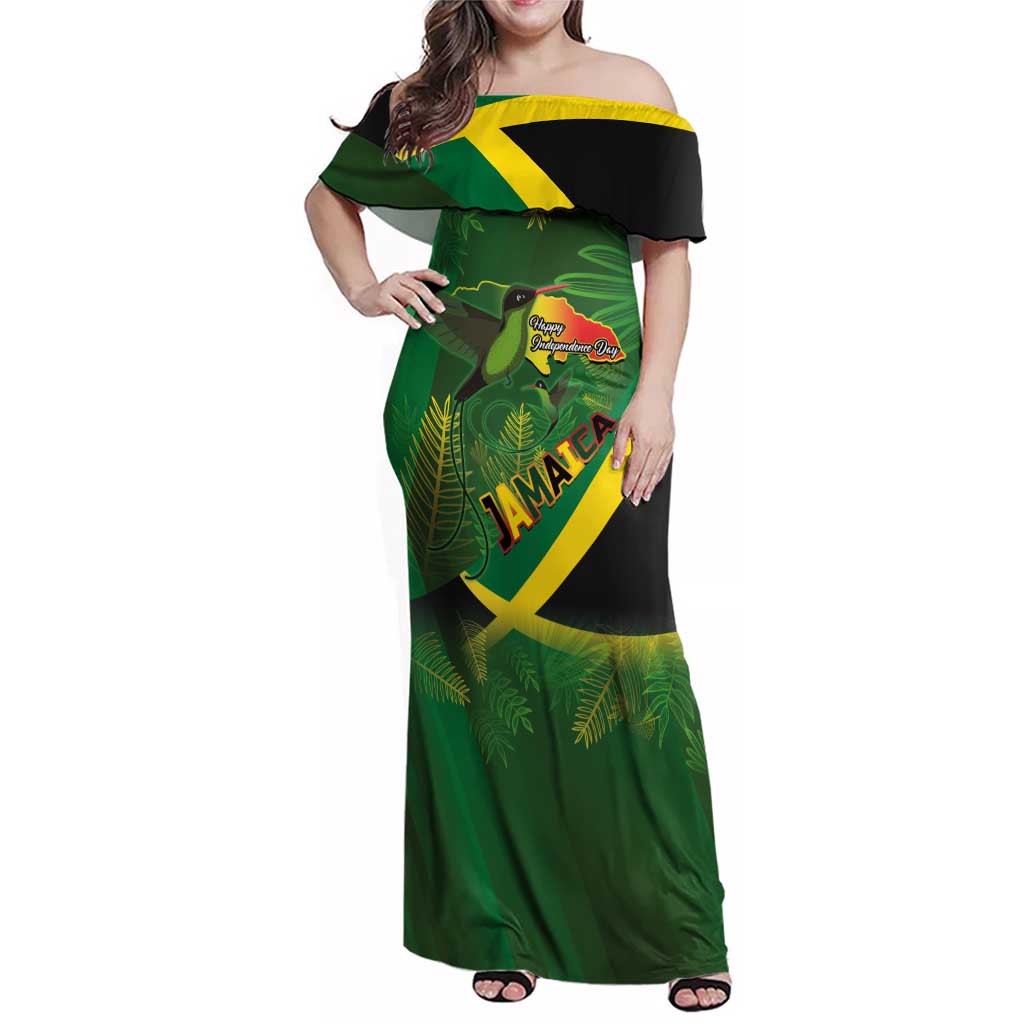 Jamaica Independence Day Family Matching Off Shoulder Maxi Dress and Hawaiian Shirt Swallow-tail Hummingbird Tropical Plants and National Flag - Wonder Print Shop