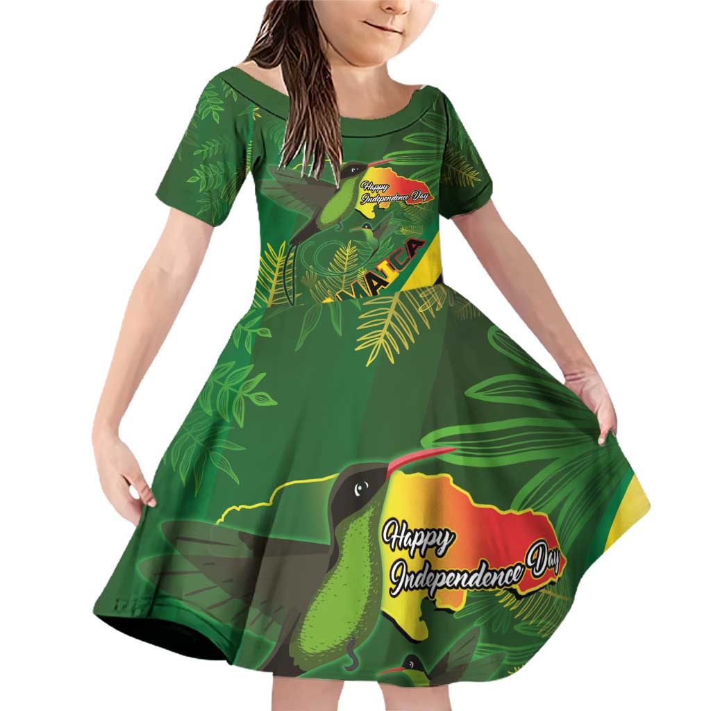 Jamaica Independence Day Family Matching Off Shoulder Short Dress and Hawaiian Shirt Swallow-tail Hummingbird Tropical Plants and National Flag - Wonder Print Shop