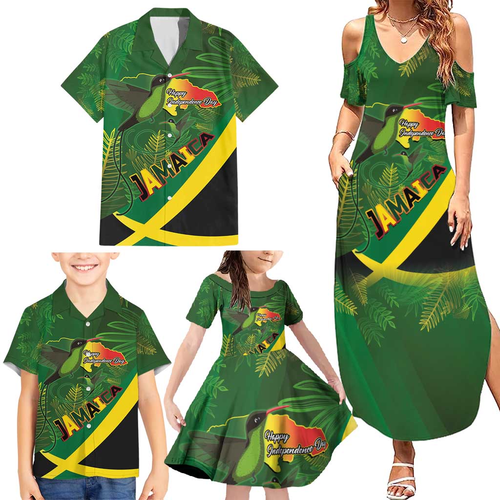Jamaica Independence Day Family Matching Summer Maxi Dress and Hawaiian Shirt Swallow-tail Hummingbird Tropical Plants and National Flag - Wonder Print Shop