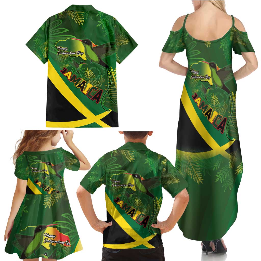 Jamaica Independence Day Family Matching Summer Maxi Dress and Hawaiian Shirt Swallow-tail Hummingbird Tropical Plants and National Flag - Wonder Print Shop
