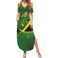 Jamaica Independence Day Family Matching Summer Maxi Dress and Hawaiian Shirt Swallow-tail Hummingbird Tropical Plants and National Flag - Wonder Print Shop
