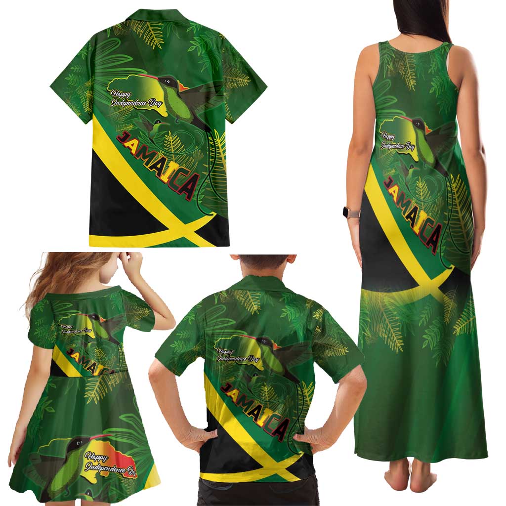 Jamaica Independence Day Family Matching Tank Maxi Dress and Hawaiian Shirt Swallow-tail Hummingbird Tropical Plants and National Flag - Wonder Print Shop