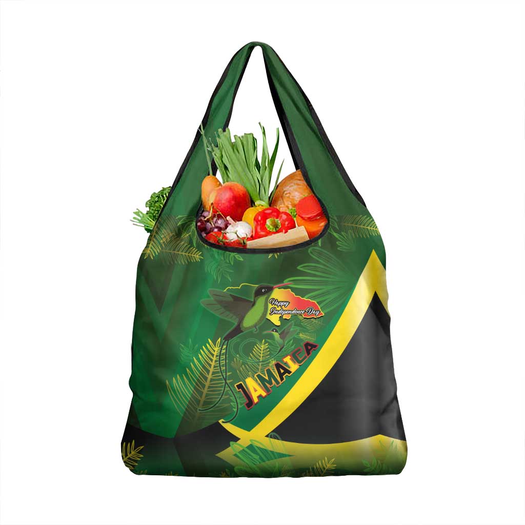 Jamaica Independence Day Grocery Bag Swallow-tail Hummingbird Tropical Plants and National Flag - Wonder Print Shop