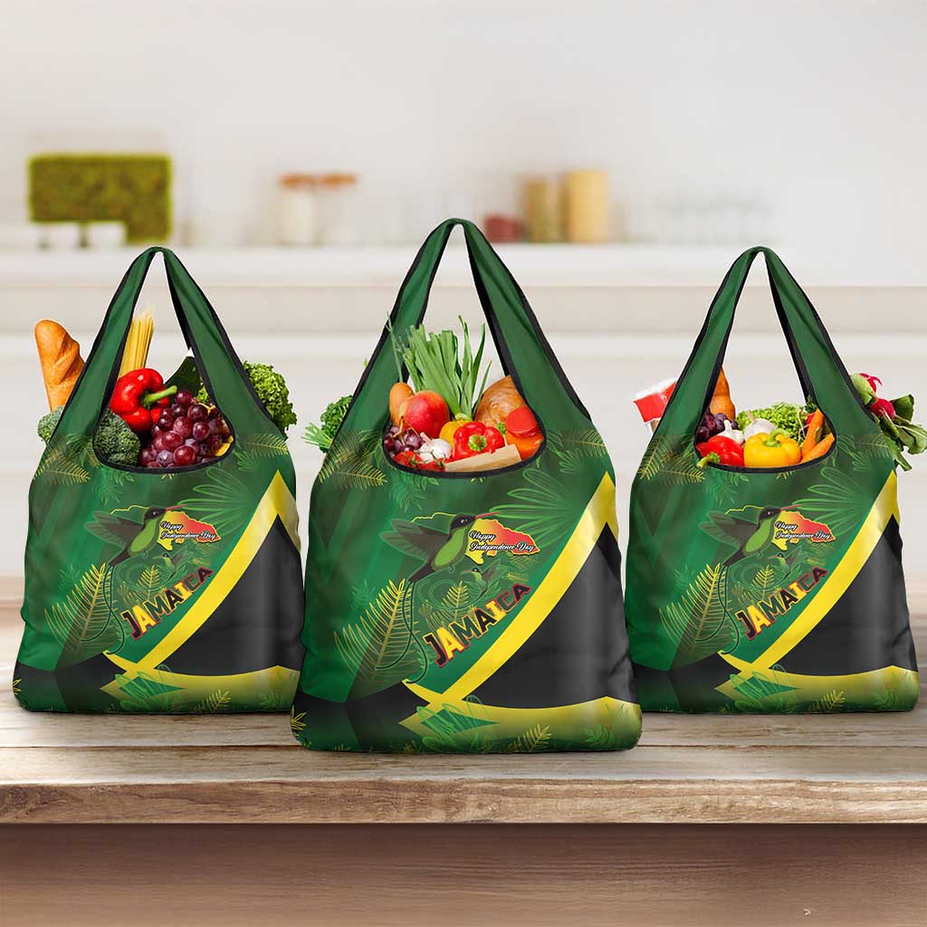 Jamaica Independence Day Grocery Bag Swallow-tail Hummingbird Tropical Plants and National Flag - Wonder Print Shop