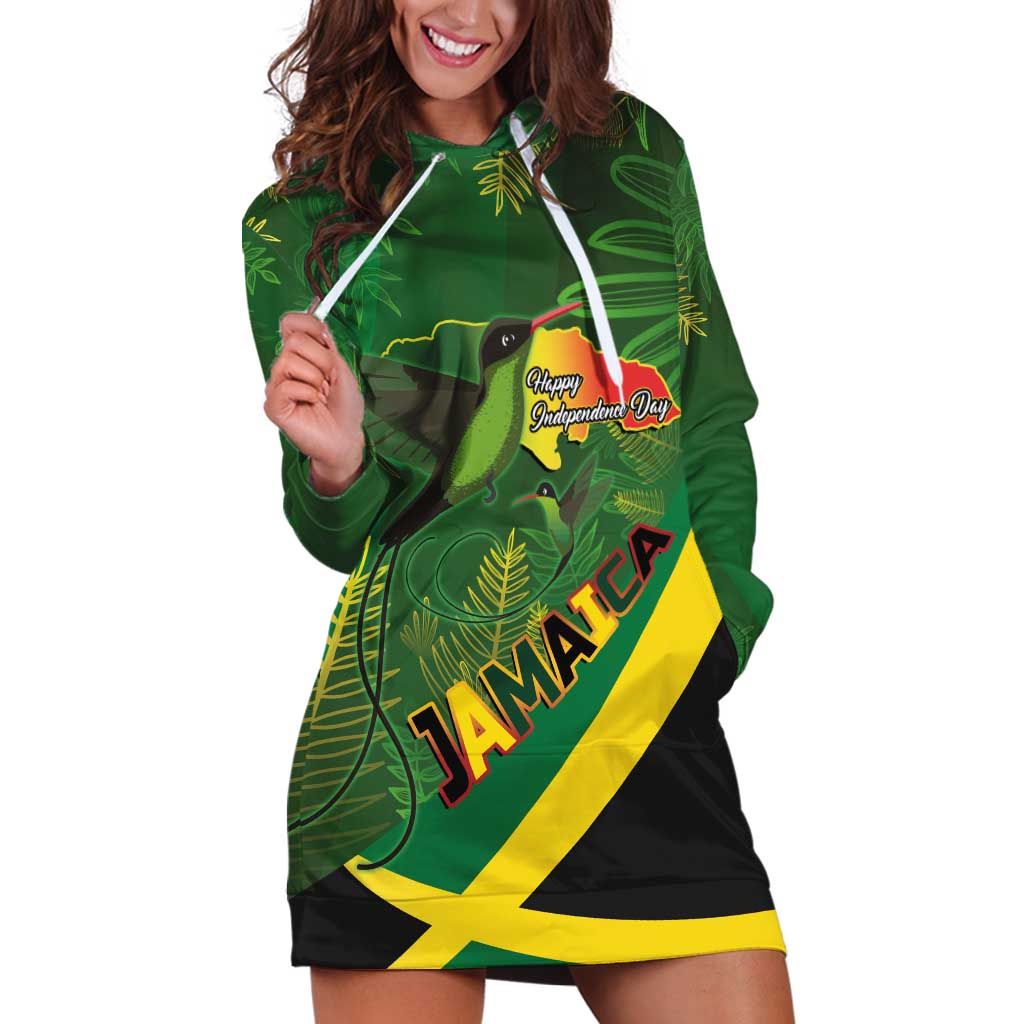 Jamaica Independence Day Hoodie Dress Swallow-tail Hummingbird Tropical Plants and National Flag - Wonder Print Shop
