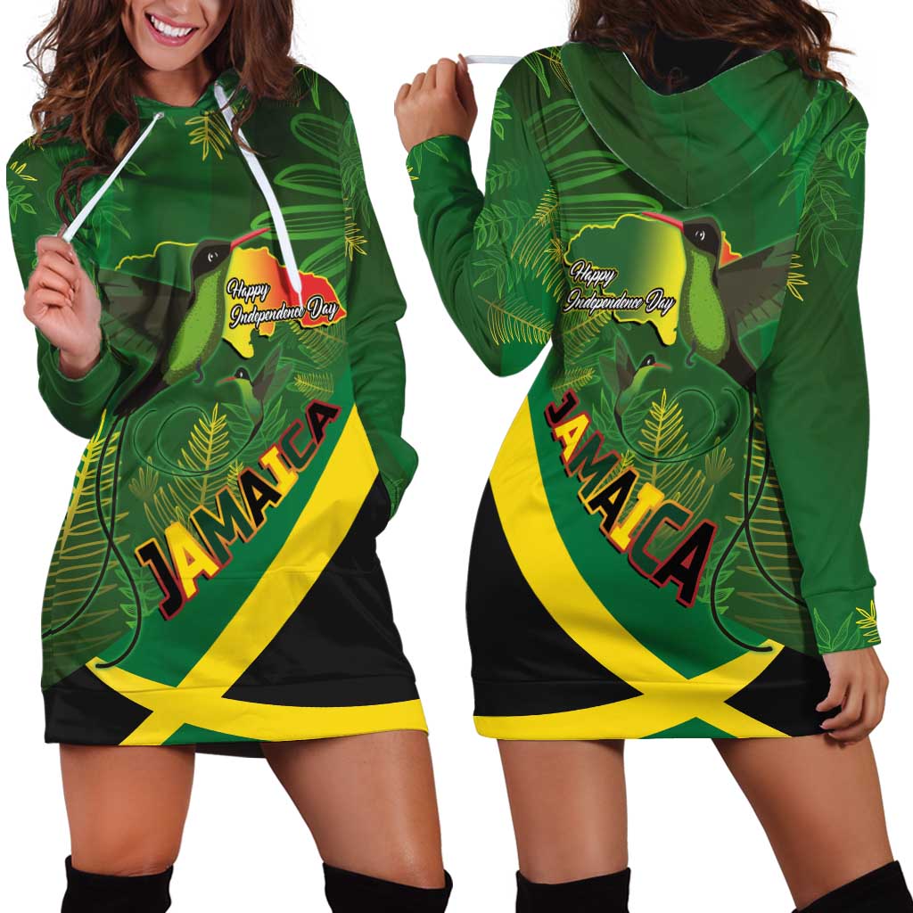 Jamaica Independence Day Hoodie Dress Swallow-tail Hummingbird Tropical Plants and National Flag - Wonder Print Shop