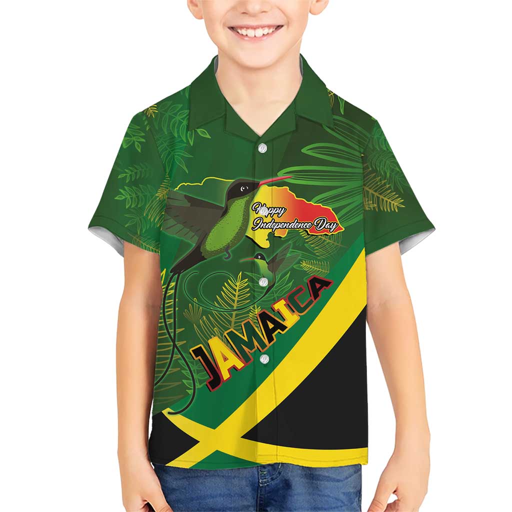 Jamaica Independence Day Kid Hawaiian Shirt Swallow-tail Hummingbird Tropical Plants and National Flag - Wonder Print Shop