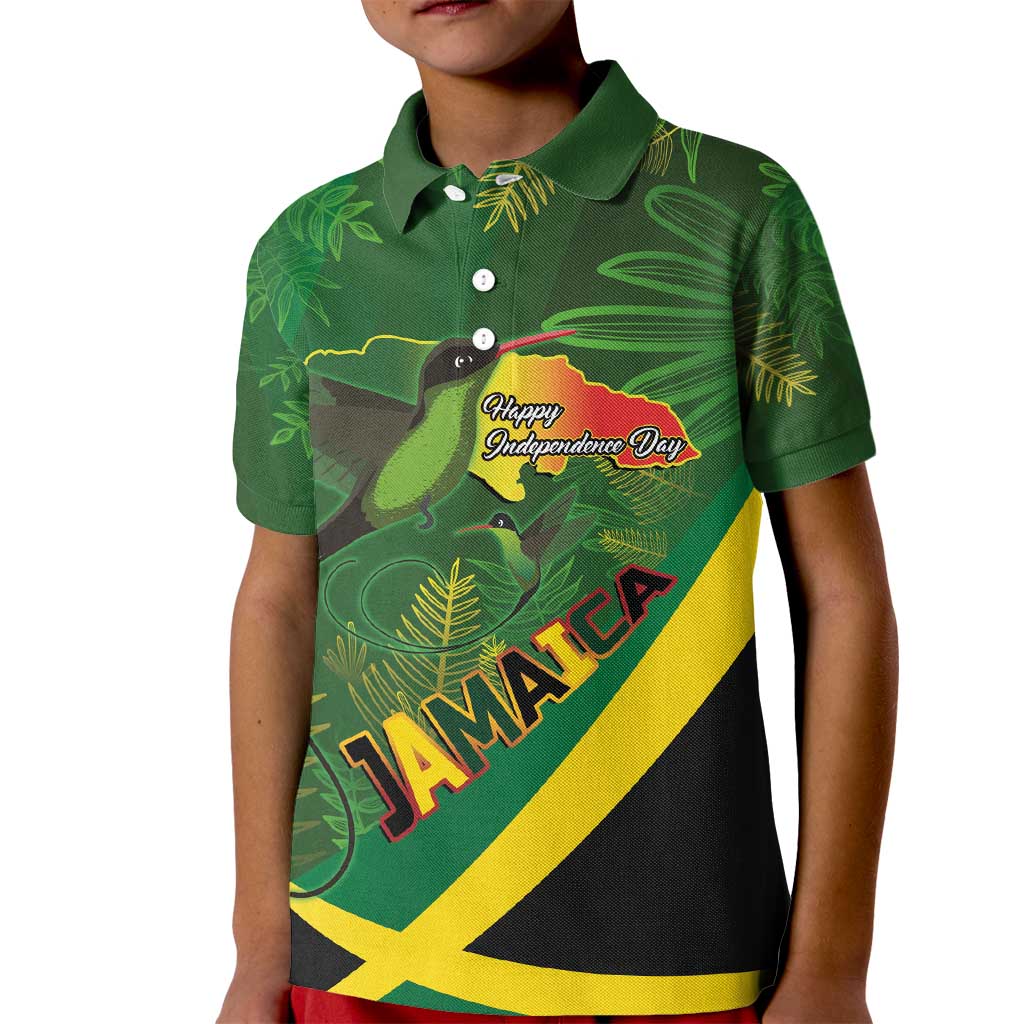 Jamaica Independence Day Kid Polo Shirt Swallow-tail Hummingbird Tropical Plants and National Flag - Wonder Print Shop