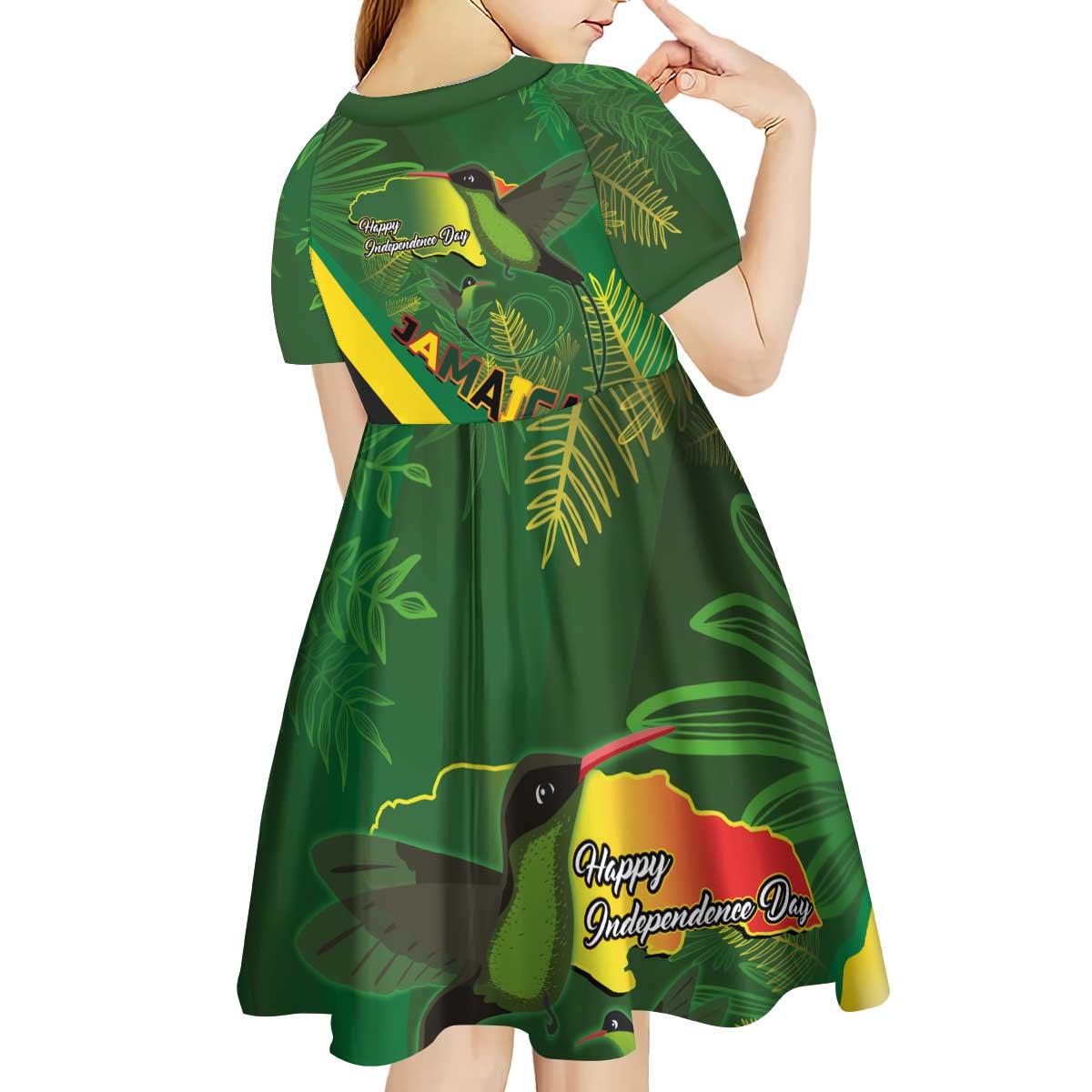 Jamaica Independence Day Kid Short Sleeve Dress Swallow-tail Hummingbird Tropical Plants and National Flag - Wonder Print Shop