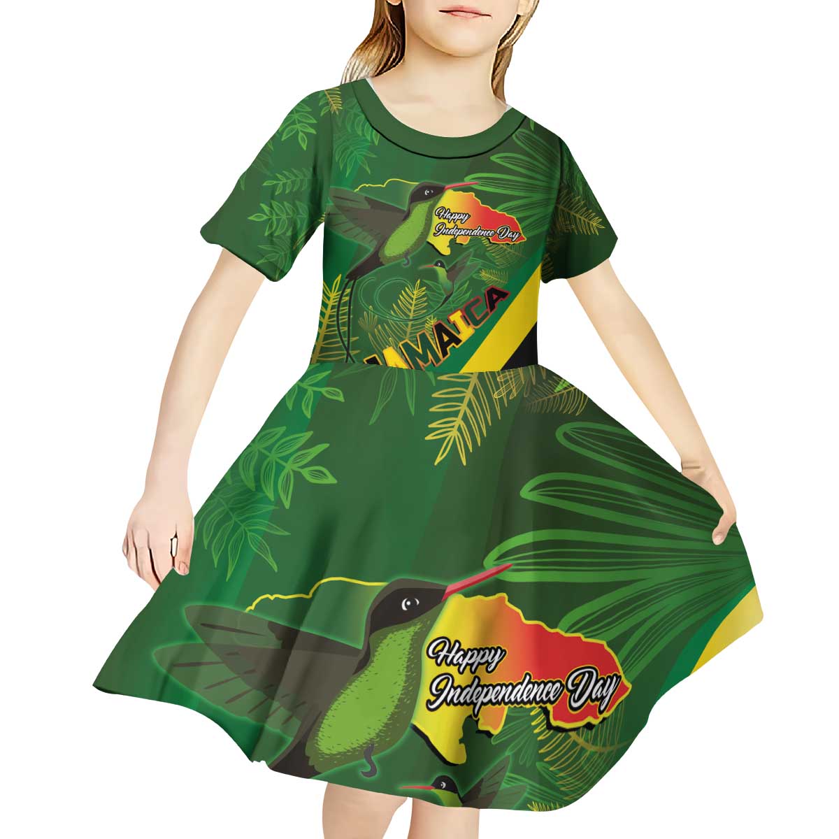 Jamaica Independence Day Kid Short Sleeve Dress Swallow-tail Hummingbird Tropical Plants and National Flag - Wonder Print Shop