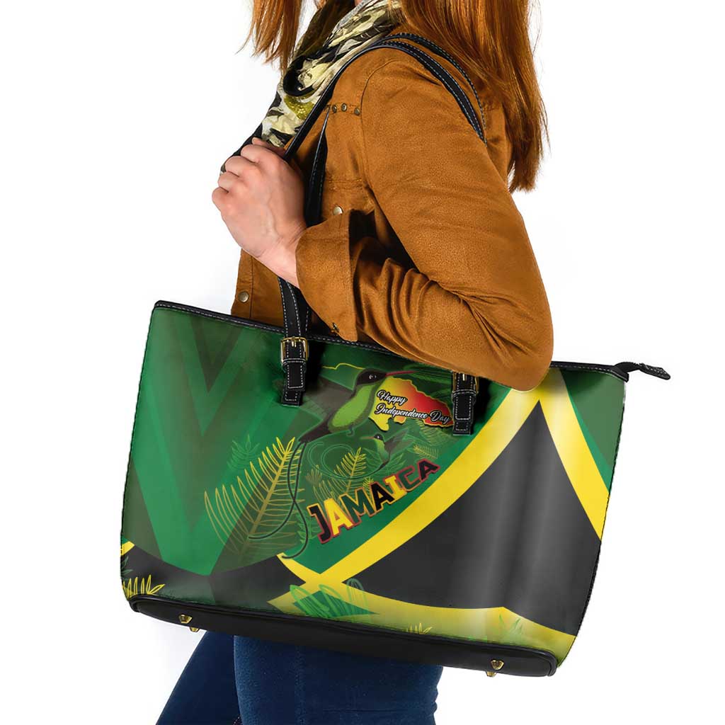 Jamaica Independence Day Leather Tote Bag Swallow-tail Hummingbird Tropical Plants and National Flag - Wonder Print Shop