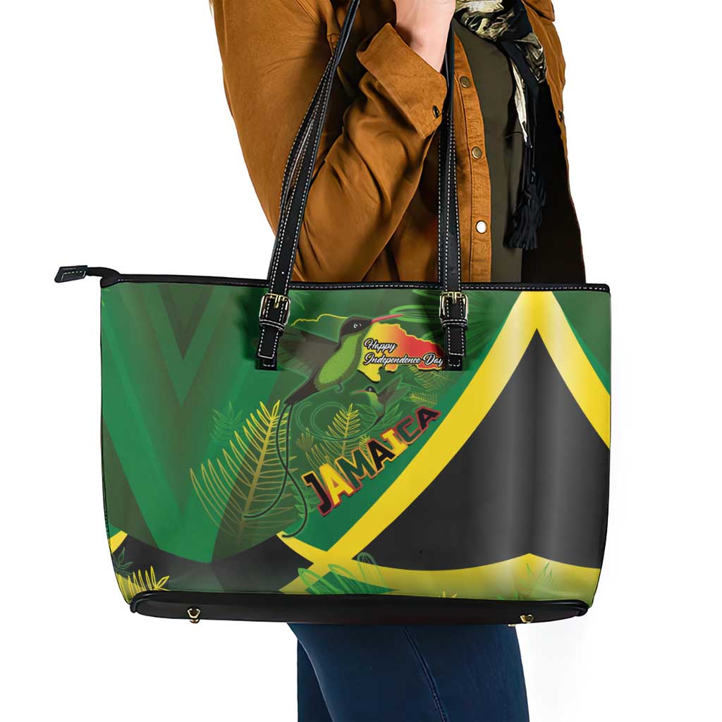 Jamaica Independence Day Leather Tote Bag Swallow-tail Hummingbird Tropical Plants and National Flag - Wonder Print Shop