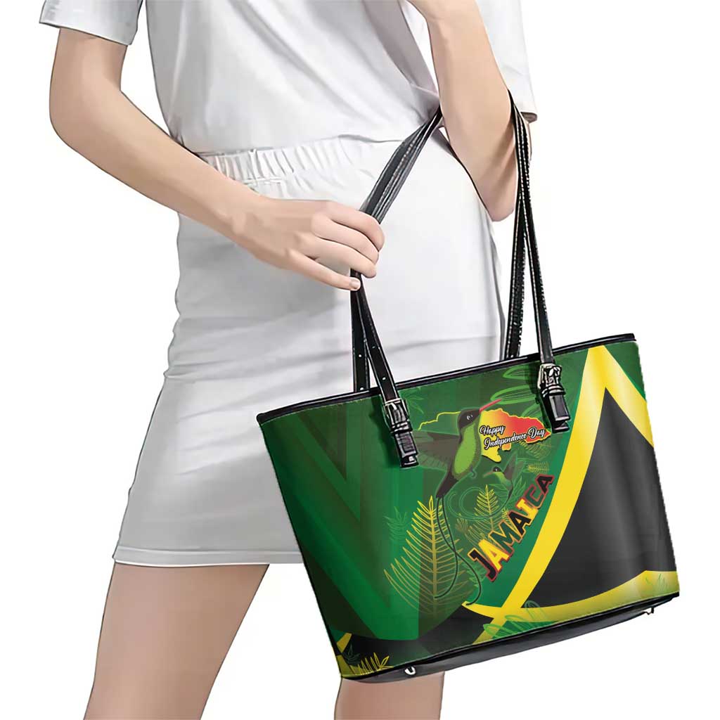Jamaica Independence Day Leather Tote Bag Swallow-tail Hummingbird Tropical Plants and National Flag - Wonder Print Shop