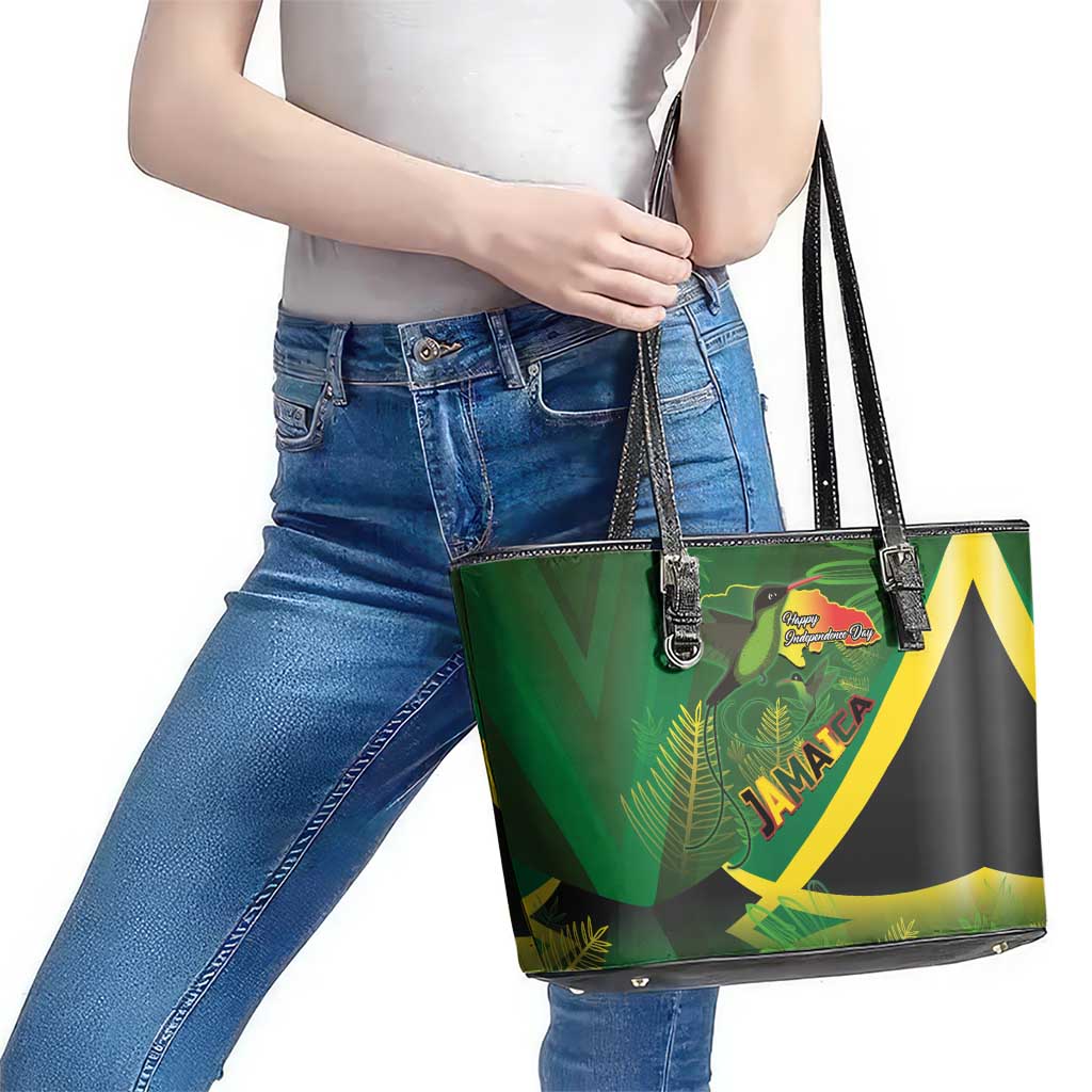 Jamaica Independence Day Leather Tote Bag Swallow-tail Hummingbird Tropical Plants and National Flag - Wonder Print Shop