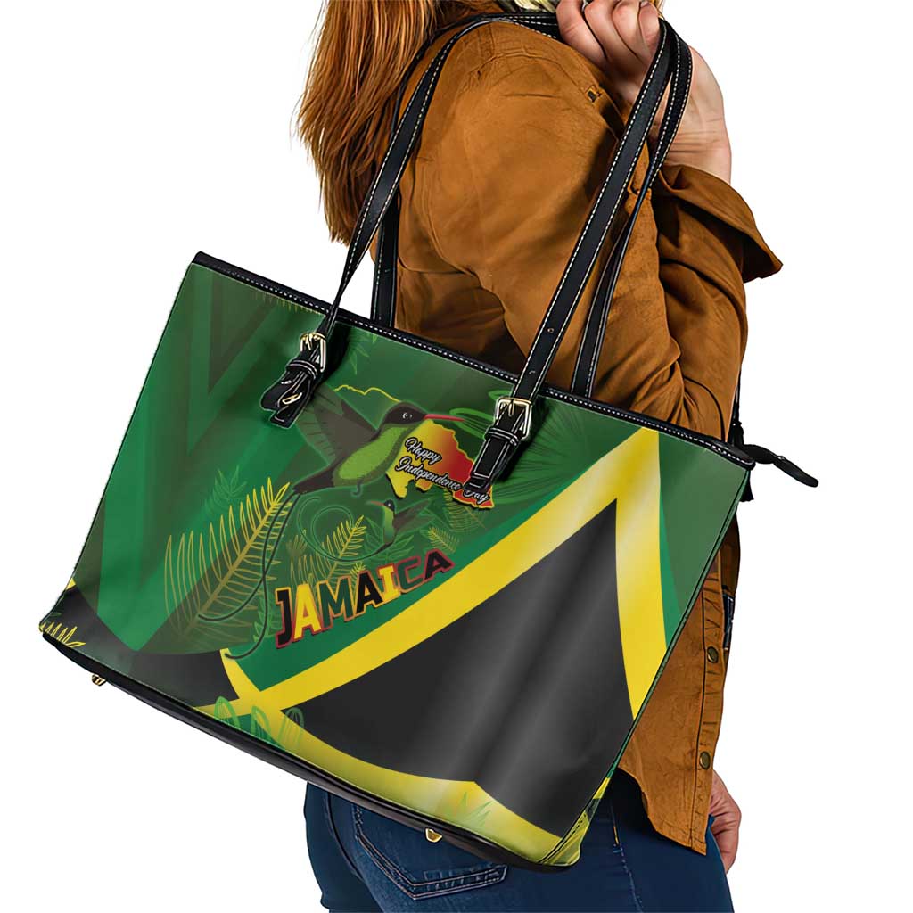 Jamaica Independence Day Leather Tote Bag Swallow-tail Hummingbird Tropical Plants and National Flag - Wonder Print Shop