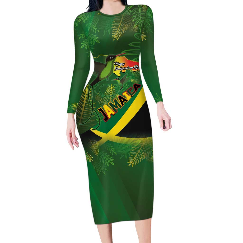Jamaica Independence Day Long Sleeve Bodycon Dress Swallow-tail Hummingbird Tropical Plants and National Flag - Wonder Print Shop