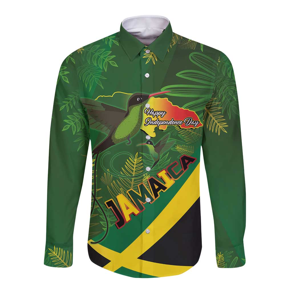 Jamaica Independence Day Long Sleeve Button Shirt Swallow-tail Hummingbird Tropical Plants and National Flag - Wonder Print Shop