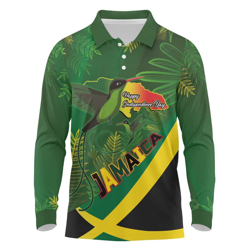 Jamaica Independence Day Long Sleeve Polo Shirt Swallow-tail Hummingbird Tropical Plants and National Flag - Wonder Print Shop