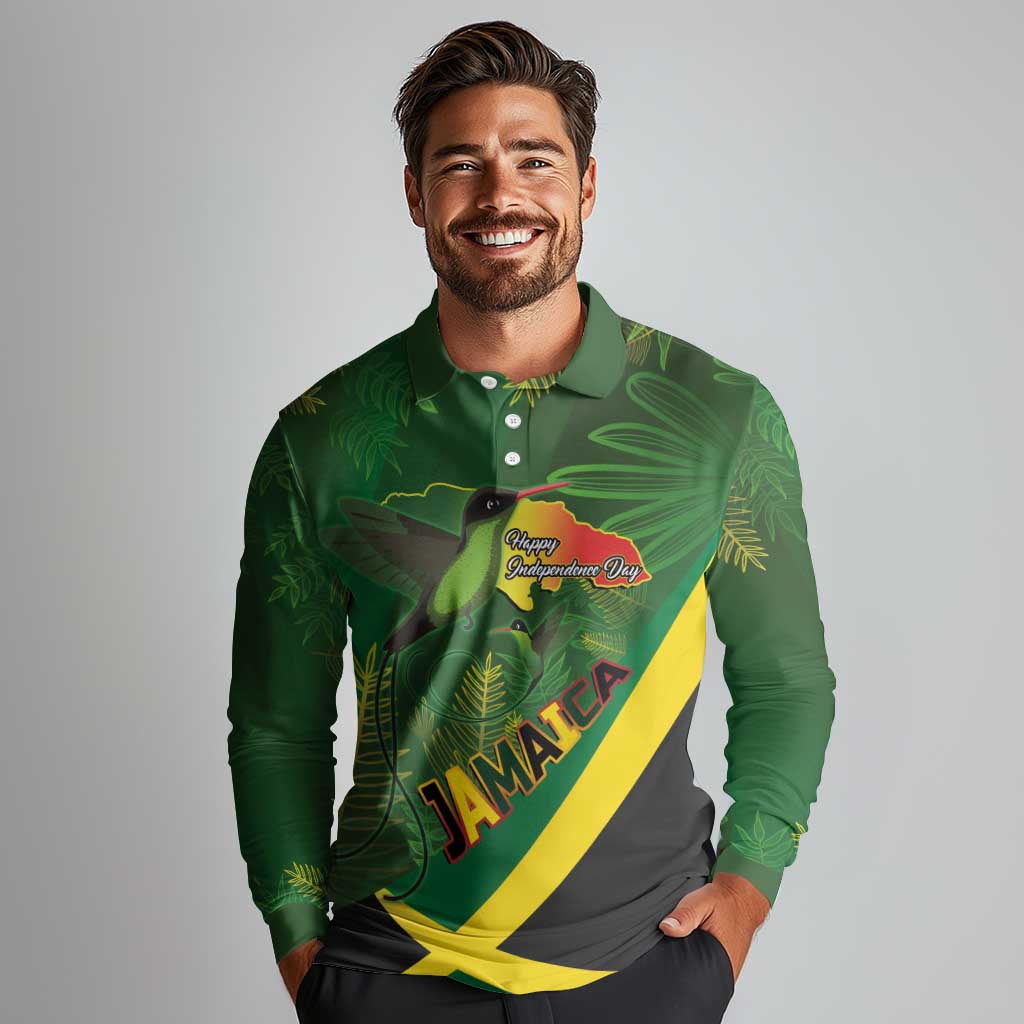 Jamaica Independence Day Long Sleeve Polo Shirt Swallow-tail Hummingbird Tropical Plants and National Flag - Wonder Print Shop