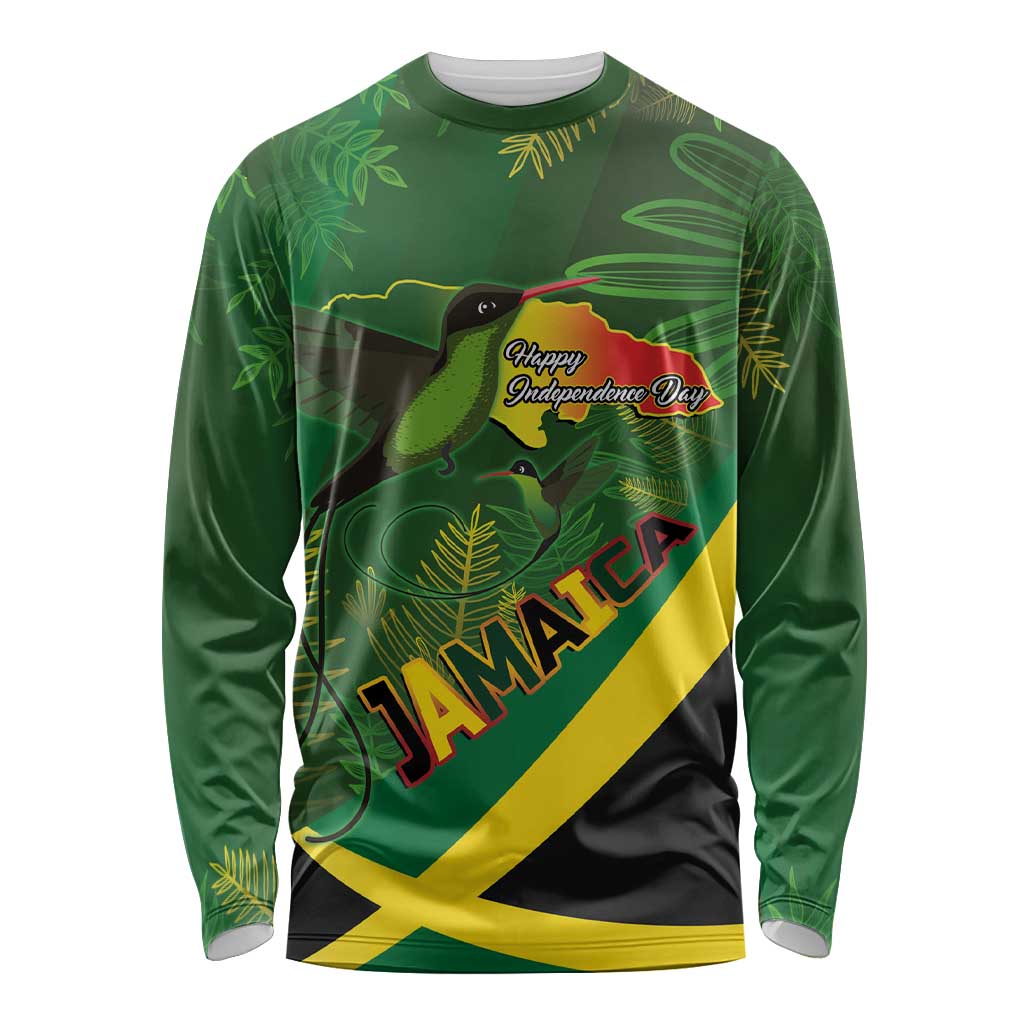 Jamaica Independence Day Long Sleeve Shirt Swallow-tail Hummingbird Tropical Plants and National Flag - Wonder Print Shop