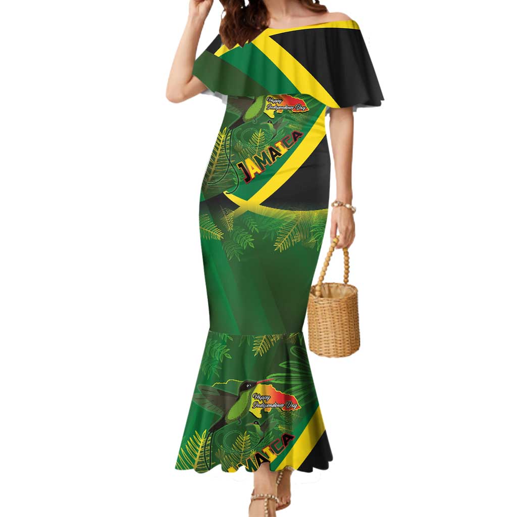 Jamaica Independence Day Mermaid Dress Swallow-tail Hummingbird Tropical Plants and National Flag - Wonder Print Shop