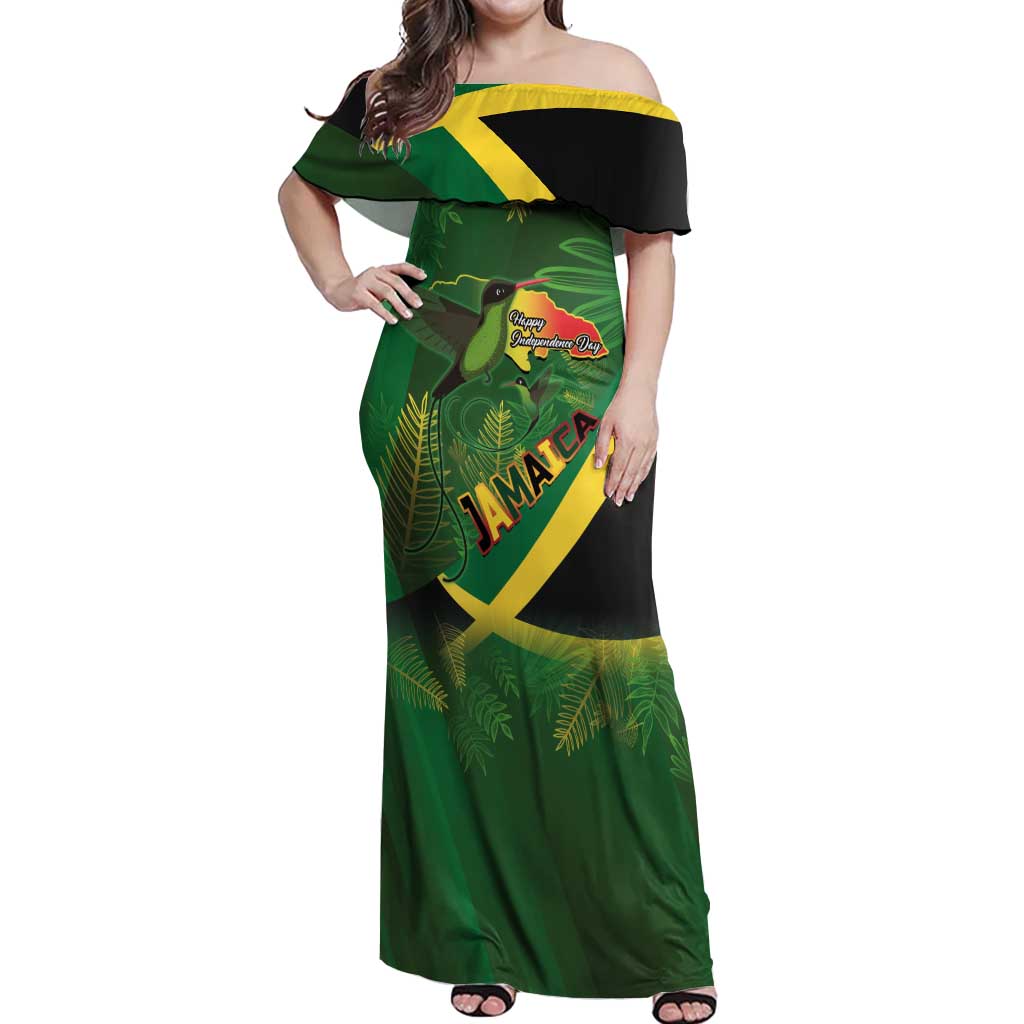 Jamaica Independence Day Off Shoulder Maxi Dress Swallow-tail Hummingbird Tropical Plants and National Flag - Wonder Print Shop